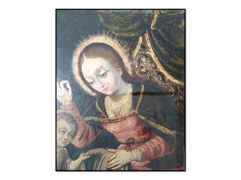 Détail avant/après d'un allègement de vernis d'une peinture à l'huile sur bois