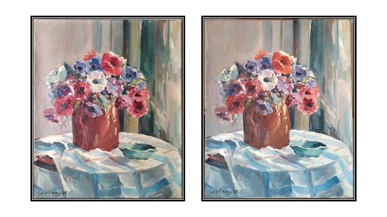 Comparaison avant & après restauration d’un tableau ancien représentant un bouquet de fleurs