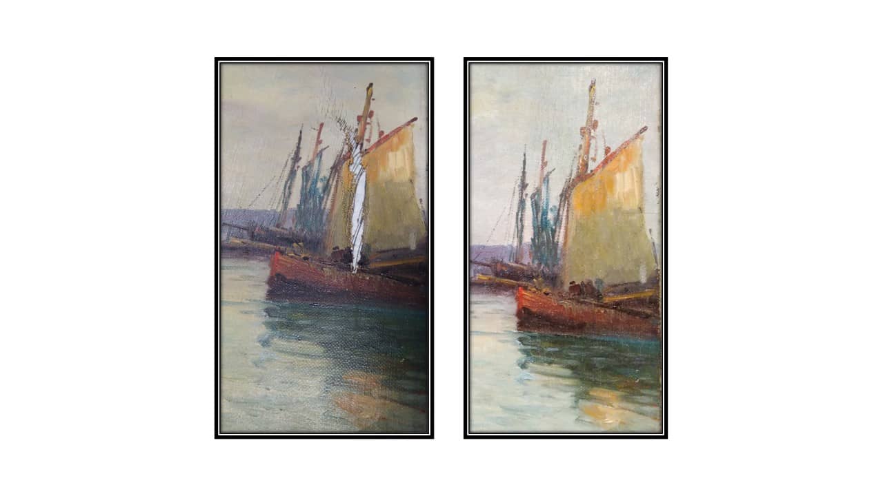 Comparaison avant & après restauration d’un tableau ancien représentant une marine