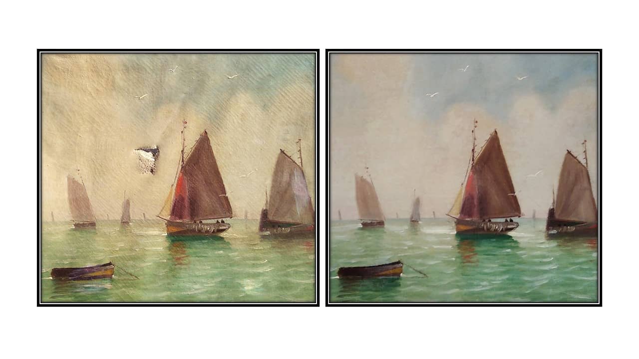 Comparaison avant & après restauration d’un tableau ancien représentant une marine