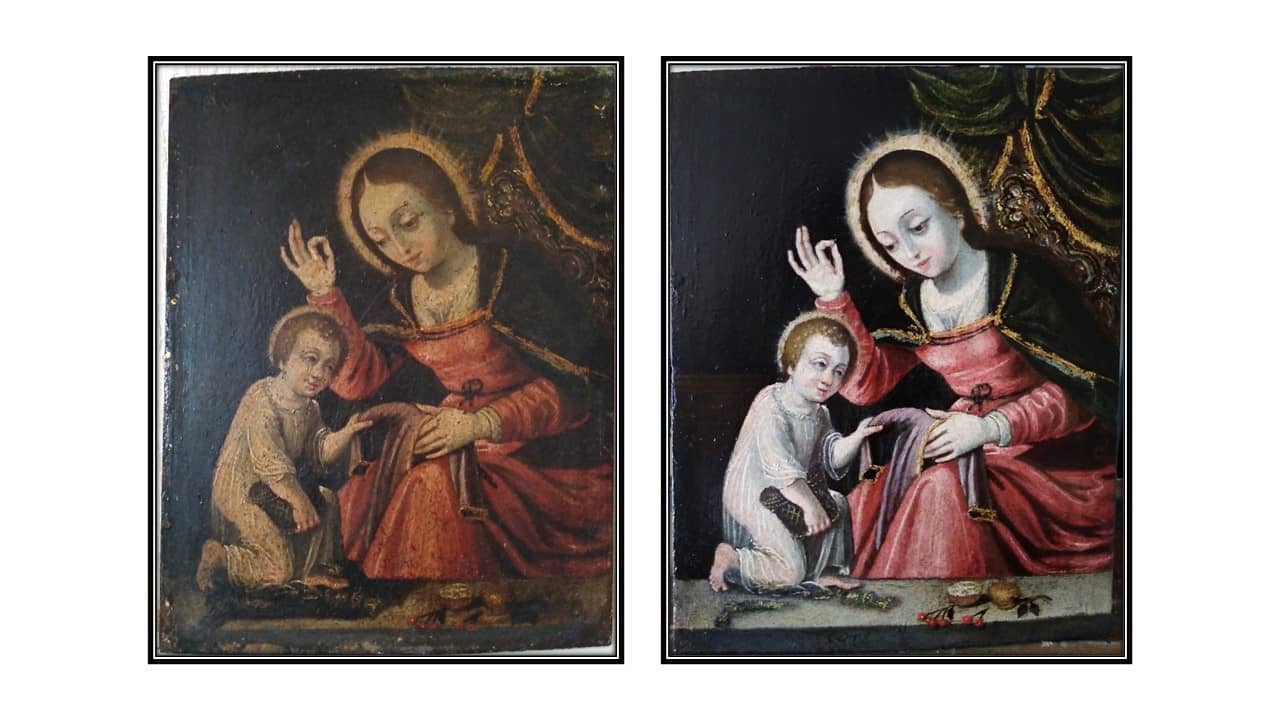 Comparaison avant & après restauration d’un tableau ancien représentant Marie et Jésus